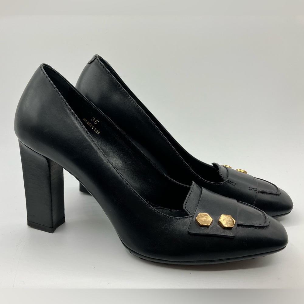 Tod`s Black Leather Square Toe Heels Size 35/5 - Picture 6 of 13